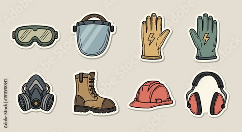 A collection of safety gear stickers including goggles, helmet, gloves, boots, and mask in colorful vector style, ideal for construction and industrial themes