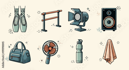 A collection of fitness and workout icons including gym bags, water bottles, and exercise equipment in colorful retro vector style, perfect for health and wellness branding