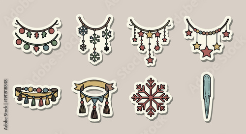 A collection of festive holiday decorations including garlands, ornaments, and snowflakes in colorful vector style, perfect for seasonal design projects