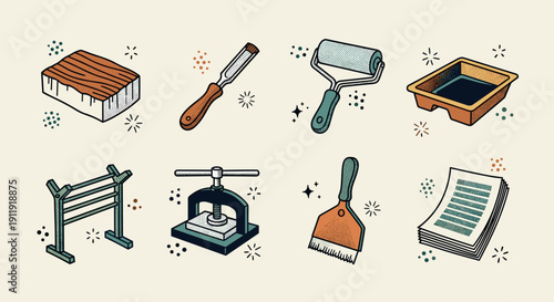 A collection of craft and painting tools including brushes, rollers, and palettes in a colorful vector illustration style, ideal for DIY projects and creative workshops