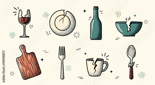 A collection of broken kitchen items including a glass, bottle, plate, fork, and spoon in colorful vector style, ideal for restaurant and dining themes