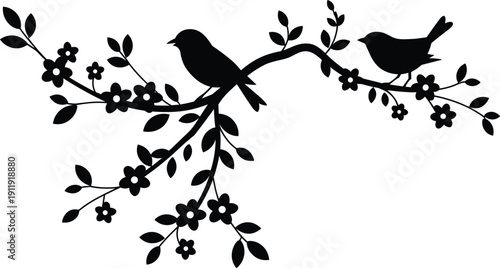 Black silhouette birds perched on flowering tree branch with blossoms and leaves, nature illustration symbolizing peace and harmony