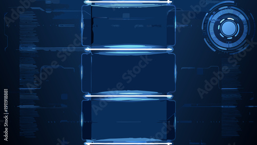 Abstract blue technological background with stacked rectangular modules and lines