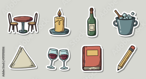 A collection of dining and celebration icons including a table, candle, wine glasses, bottle, and pencil in colorful flat vector style, perfect for lifestyle and food-related designs