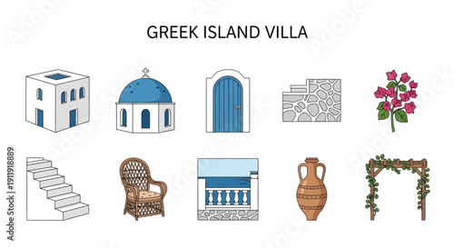 Collection of ten distinct illustrated icons representing Greek island villa elements on a white background