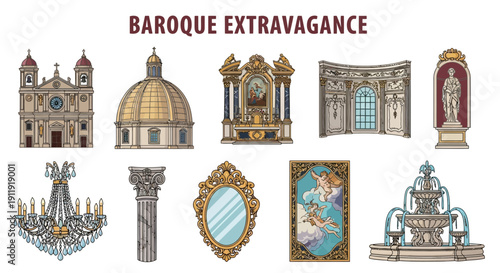 Collection of ten detailed colored line drawings illustrating Baroque architectural elements and decorative items