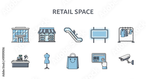 Collection of ten light blue and gray lineart icons related to retail space