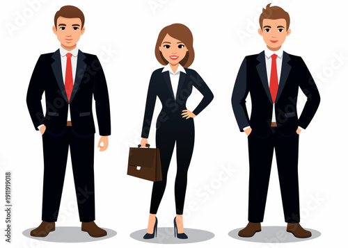 Three business professionals stand in a row wearing formal attire