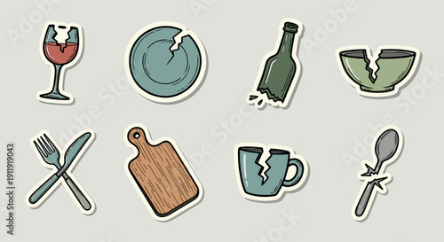 A collection of broken kitchenware stickers including a glass, plate, bowl, bottle, and utensils in colorful vector style, perfect for food-related designs