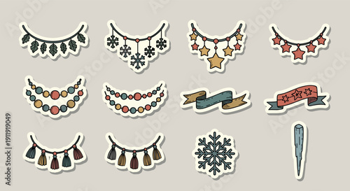 A collection of decorative banners and ornaments in a hand-drawn style, perfect for festive events and celebrations