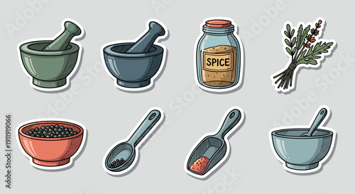 A collection of spice jars, mortar and pestle, and scoops in colorful flat vector style, perfect for culinary designs