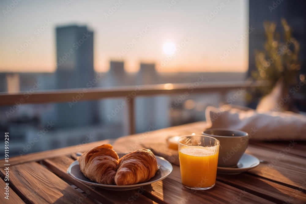 Fototapeta premium Morning breakfast with fresh croissants and orange juice on a balcony