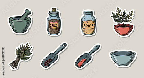 A collection of spice jars, herbs, and kitchen tools in colorful vector style, perfect for culinary projects