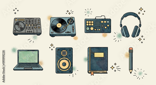 A collection of music and audio equipment including a DJ controller, turntable, laptop, headphones, and speakers in colorful geometric vector style, ideal for music-related projects