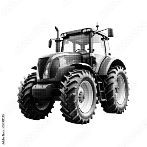 Black and white tractor illustration isolated on white background. Powerful farm vehicle symbolizing agriculture, machinery and rural industry in detailed monochrome graphic style.