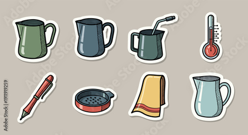 A collection of kitchen utensils and tools including cups, a thermometer, a pen, and a towel in colorful vector style, suitable for culinary design projects