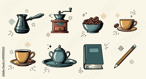 A collection of coffee and tea-related items including cups, a grinder, and beans in colorful retro vector style, perfect for cafe branding and kitchen decor