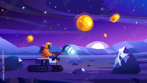 Astronaut explores a purple alien landscape with a rover and distant planets