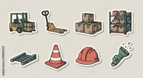A collection of construction and warehouse icons including a forklift, pallet jack, boxes, hard hat, and traffic cone in cartoon vector style, ideal for logistics and construction themes