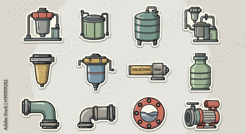 A collection of various plumbing and water management icons in colorful flat vector style, ideal for engineering and infrastructure projects