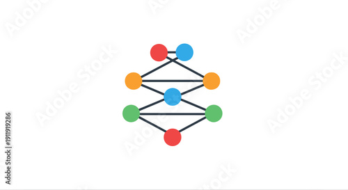 Network diagram with interconnected nodes in red, blue, orange, and green, illustrating complex connections and relationships