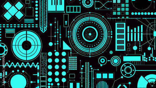 Abstract teal geometric shapes and lines on a black background