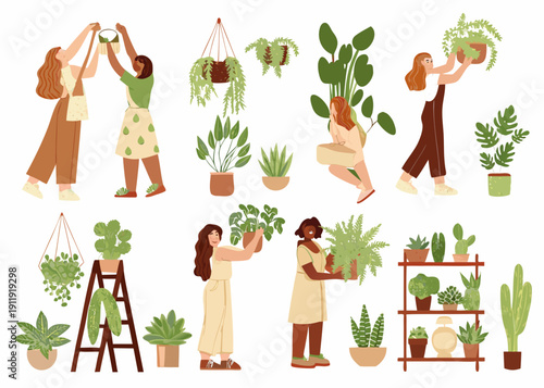Diverse women tending to a vibrant collection of indoor plants