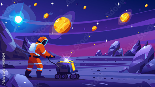 Astronaut exploring a rocky alien landscape with a robotic rover