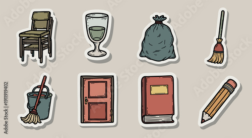 A set of cleaning and household items including a chair, glass, trash bag, broom, mop, door, book, and pencil in colorful cartoon vector style, perfect for home decor and cleaning service branding
