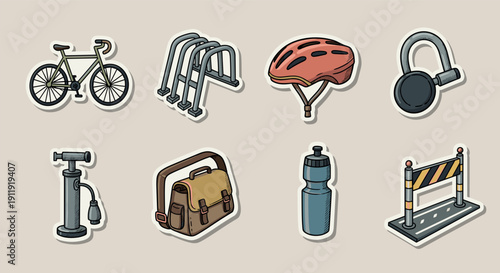 A collection of cycling-related icons including a bicycle, helmet, lock, water bottle, pump, backpack, and bike rack in modern flat vector style, ideal for transportation and fitness projects
