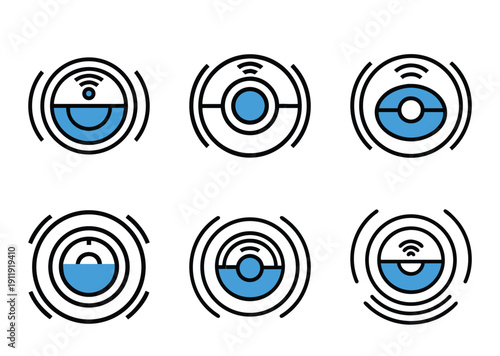 A set of six variations on a stylized robotic vacuum cleaner icon