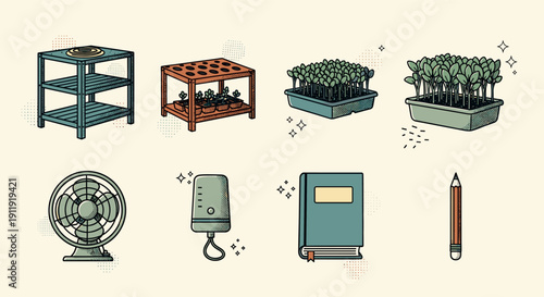 A collection of gardening and workspace elements including plant pots, a fan, and stationery in a minimalist vector style, ideal for design projects and nature themes