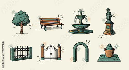 A collection of park elements including a tree, bench, fountain, statue, and decorative fence in vintage vector style, perfect for outdoor design projects