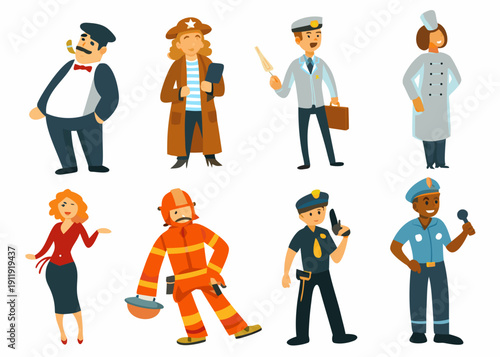 Diverse group of cartoon characters representing various professional occupations