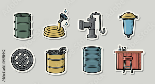 A collection of industrial water-related icons including barrels, pumps, filters, and drains in colorful flat vector style, suitable for utility design projects