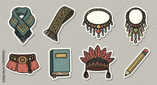A collection of decorative stickers featuring various accessories like scarves, jewelry, and a notebook in colorful illustrative vector style, ideal for creative projects and fashion branding