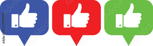 Three thumbs up in blue red and green speech bubbles like approval agreement positive