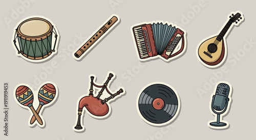 A collection of musical instruments including drums, accordion, guitar, and microphone in playful vector style, perfect for music-related design projects