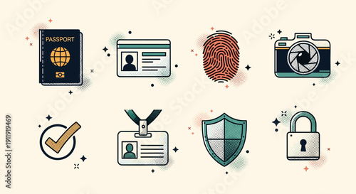 A collection of security and identification icons including a passport, fingerprint, and lock in flat modern vector style, ideal for travel and security applications