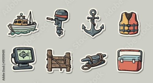 A collection of nautical-themed stickers featuring a fishing boat, motor, anchor, life jacket, cooler, and more in colorful cartoon vector style, perfect for marine adventure projects