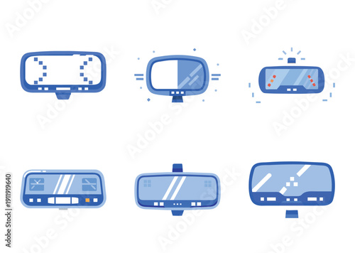 Collection of Six Rearview Mirror Illustrations in a Flat Design Style