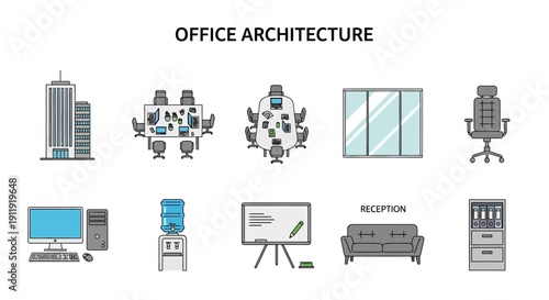 Illustration of office architecture icons including buildings furniture and equipment