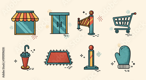 A collection of retail and shopping icons including a storefront, shopping cart, umbrella, and glove in colorful flat vector style, suitable for commerce and branding projects