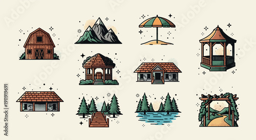 A collection of rustic houses, mountains, and outdoor elements in vintage vector style, perfect for nature-themed projects