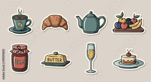A collection of colorful food and drink icons including a cup of coffee, croissant, teapot, fruit bowl, and dessert in flat modern vector style, perfect for culinary branding and packaging
