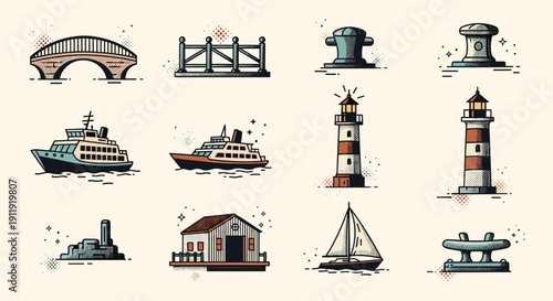 A collection of nautical-themed icons including a bridge, boats, lighthouses, and a coastal house in vintage vector style, ideal for travel and maritime projects