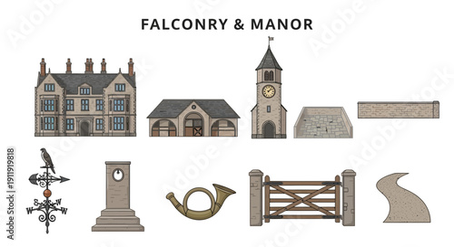 Illustrations of manor house elements a large house barn clock tower paving wall weathervane post horn gate and path