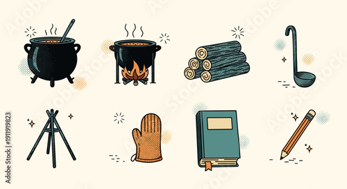 A collection of cooking tools including a cauldron, firewood, gloves, and a cookbook in vintage vector style, ideal for culinary designs