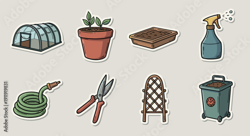 A collection of gardening tools and items including a greenhouse, plant pot, soil tray, watering hose, and spray bottle in colorful flat vector style, perfect for gardening projects and designs