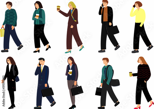 Diverse group of people walking and talking on mobile phones